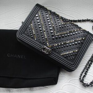 Chanel Calf Skin Crystal Studded Chevron Wallet on Chain